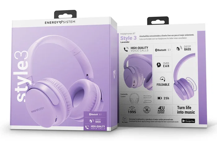 Energy Sistem Style 3 Auriculares Inalámbricos Diadema Bluetooth 5.1 con Cable 3.5mm, Circumaural con Micrófono para Llamadas/Música, Lavanda