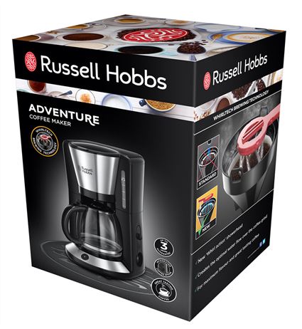 Russell Hobbs 24010-56 Cafetera de Goteo Adventure, Jarra de Cristal 1.25L (10 Tazas), Tecnología WhirlTech, Color Negro