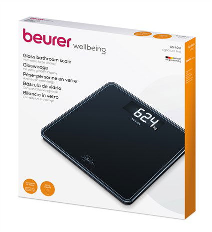 Beurer GS-400 Báscula Digital de Baño de Vidrio Negra con Pantalla LCD, Capacidad 200 kg