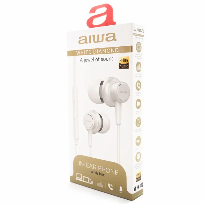 Aiwa ESTM-500WT Auriculares Intraaurales Alámbricos para Música, Blanco, Frecuencia 10-40000 Hz, Cable de 1.2 m, Conector de 3.5 mm