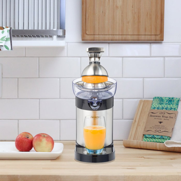 Bourgini Exprimidor Semi Profesional, Cuerpo y Cono de Acero Inoxidable, Palanca Metálica, Motor 130W Potente y Silencioso, Antigoteo, Fácil de Limpiar