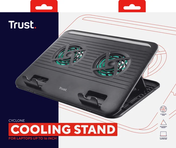 Trust Soporte Refrigerante para Portátil Cyclone Negro - Base de Refrigeración con 2 Ventiladores USB hasta 15.6" - Altura Ajustable 8 Niveles