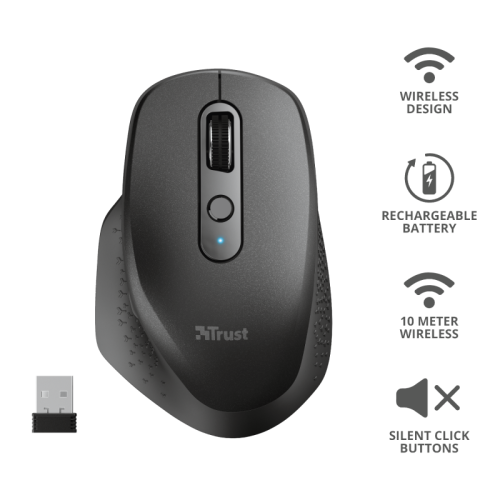 Trust Ozaa Ratón Ergonómico Inalámbrico con Batería Recargable, Clic Silencioso y DPI Ajustable hasta 2400 Trust Ozaa Ratón Ergonómico Inalámbrico con Batería Recargable, Clic Silencioso y DPI Ajustable hasta 2400