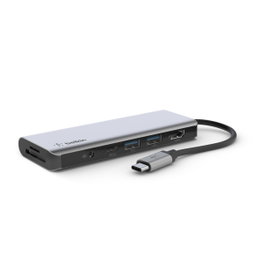 Belkin Hub USB-C 7 en 1 Gris con PD 100W, HDMI 4K, USB-A, SD, Micro SD, Jack 3.5 mm