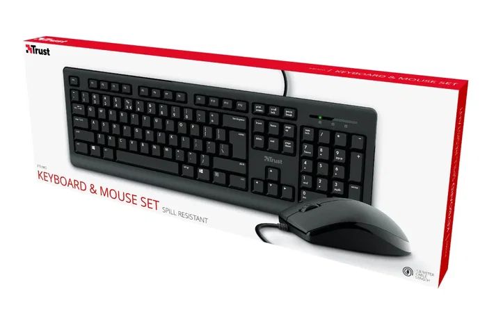 Trust Primo Pack Teclado y Ratón USB, QWERTY Español Negro, Teclado Completo Resistente a Derrames con Cable 1.8m, Ambidiestro, Silencioso, para Windows, Mac, ChromeOS