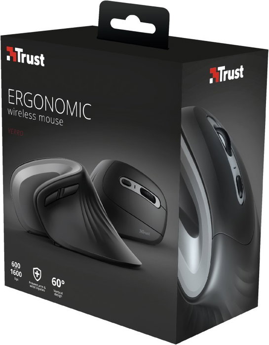 Trust Ratón Vertical Inalámbrico Verro Negro 6 Botones 1600 DPI USB