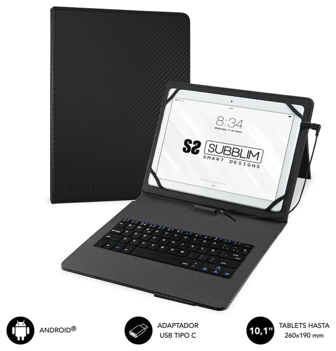 Subblim Funda con Teclado Keytab Pro USB para Tablet de hasta 10,1 pulgadas, Negro
