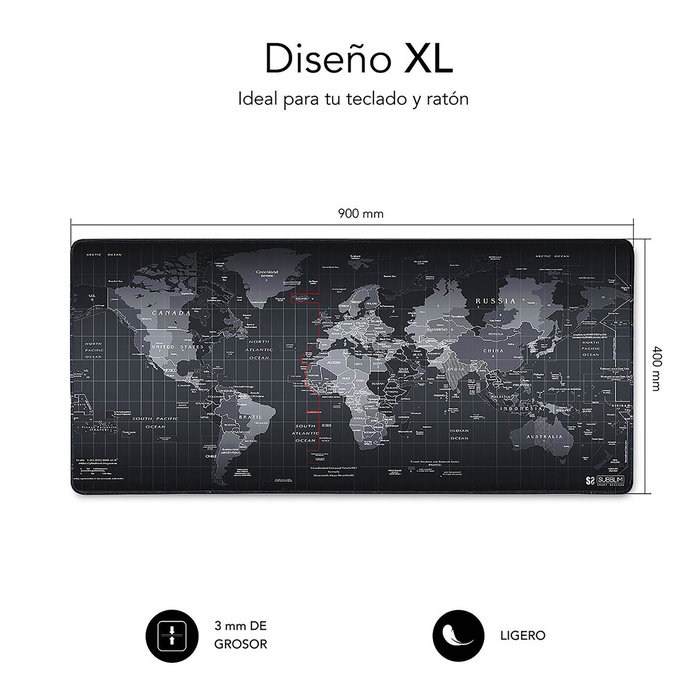 Subblim World XL Alfombrilla Gaming Mapa del Mundo Negro