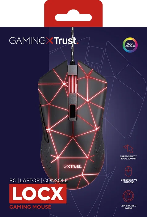 Trust GXT 133 Locx Ratón Gaming Óptico 4000 DPI USB, Diseño Ambidiestro, 6 Botones, Iluminación LED RGB de 4 Colores, Cable Trenzado 1.8m, Para PC Windows 10/8/7 - Negro