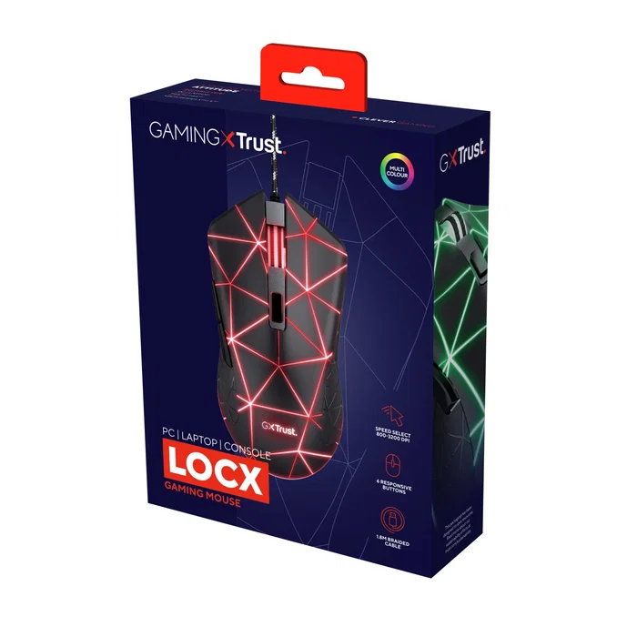 Trust GXT 133 Locx Ratón Gaming Óptico 4000 DPI USB, Diseño Ambidiestro, 6 Botones, Iluminación LED RGB de 4 Colores, Cable Trenzado 1.8m, Para PC Windows 10/8/7 - Negro