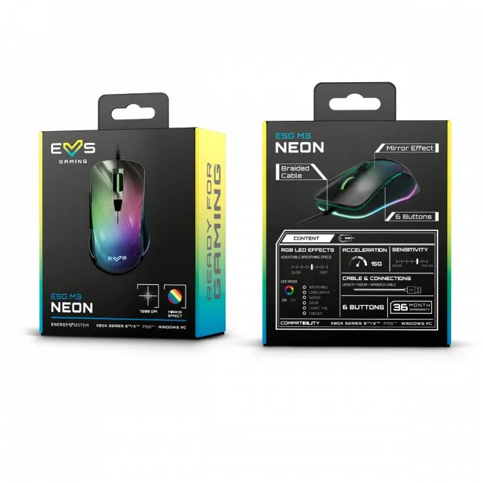 Energy Sistem Ratón Gaming ESG M3 Neon Negro Ergonómico para Diestros con RGB, Sensor Óptico 7200 DPI, 6 Botones Programables y Cable USB Trenzado 1.5m