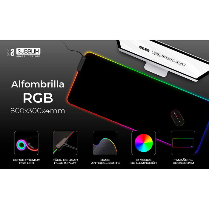 Subblim Alfombrilla Mouse Pad Premium LED RGB XL 800x300x4mm
