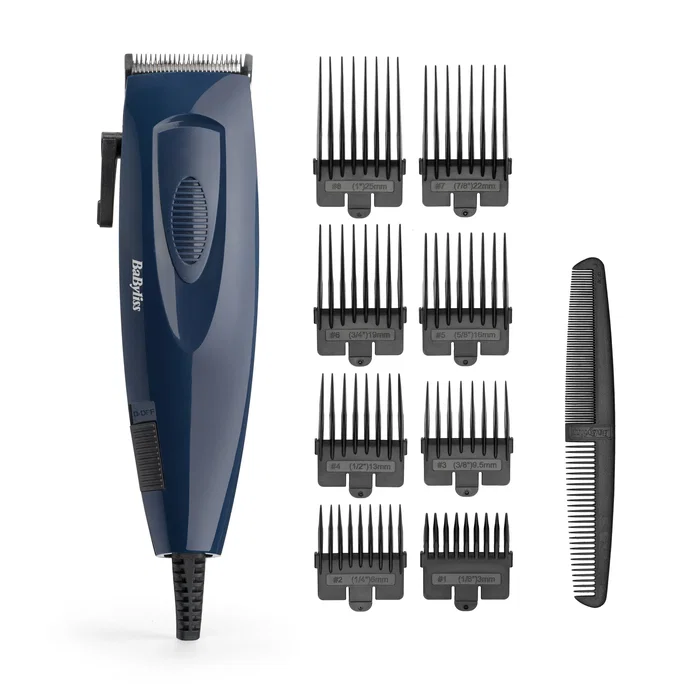 Babyliss E695E Cortapelos Profesional con Cable, Color Azul, 12 Accesorios (8 Peines, Cepillo, Tapa, Aceite) y Cuchilla de Acero Inoxidable de 4.5 cm