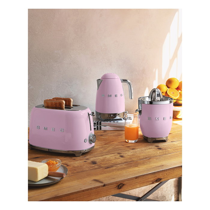 SMEG TSF01PKEU Tostador de 2 Rebanadas, Acero Inoxidable, Color Rosa Cadillac, 950 W, Control por Botones, Función Descongelar y Recalentar