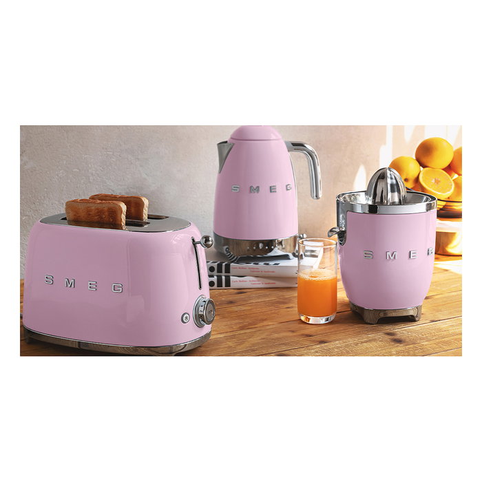 SMEG TSF01PKEU Tostador de 2 Rebanadas, Acero Inoxidable, Color Rosa Cadillac, 950 W, Control por Botones, Función Descongelar y Recalentar