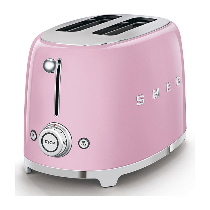 SMEG TSF01PKEU Tostador de 2 Rebanadas, Acero Inoxidable, Color Rosa Cadillac, 950 W, Control por Botones, Función Descongelar y Recalentar