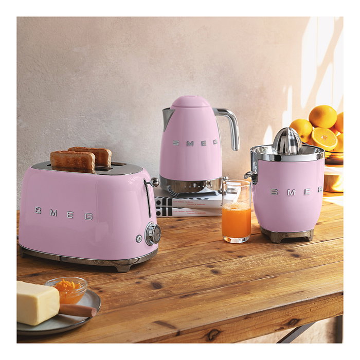 SMEG TSF01PKEU Tostador de 2 Rebanadas, Acero Inoxidable, Color Rosa Cadillac, 950 W, Control por Botones, Función Descongelar y Recalentar