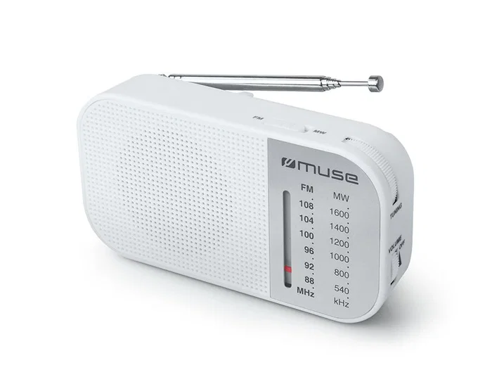Muse M-025 RW - Radio Portátil Analógica con Sintonizador FM/MW (88-108 MHz), Color Blanco, Altavoz Integrado y Control de Volumen Giratorio