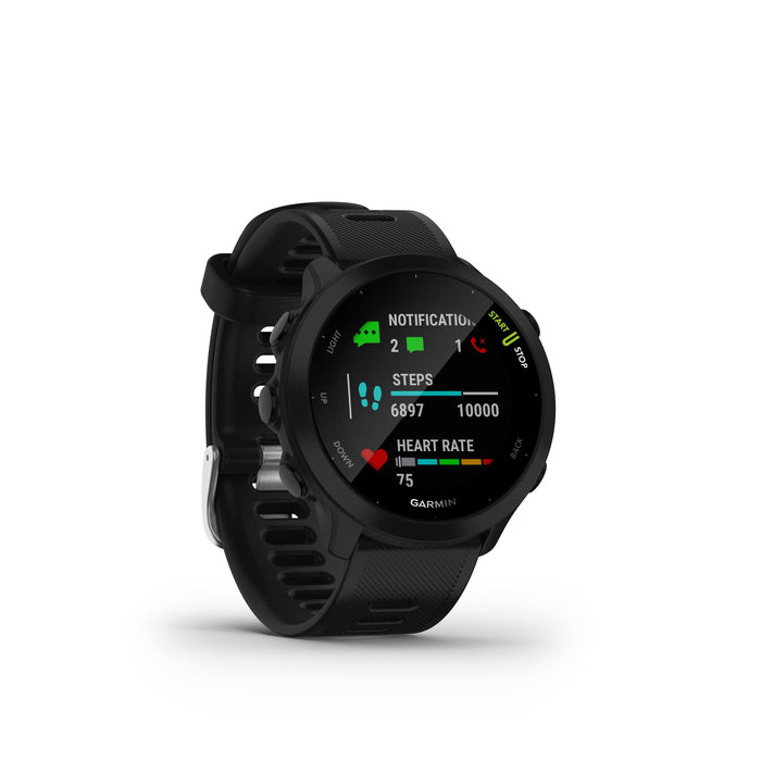 Garmin Forerunner 55 - Reloj GPS Inteligente Deportivo para Running con Monitor Cardíaco en Muñeca, Pantalla Color, Seguimiento de Estrés y 2 Semanas de Batería, Color Negro