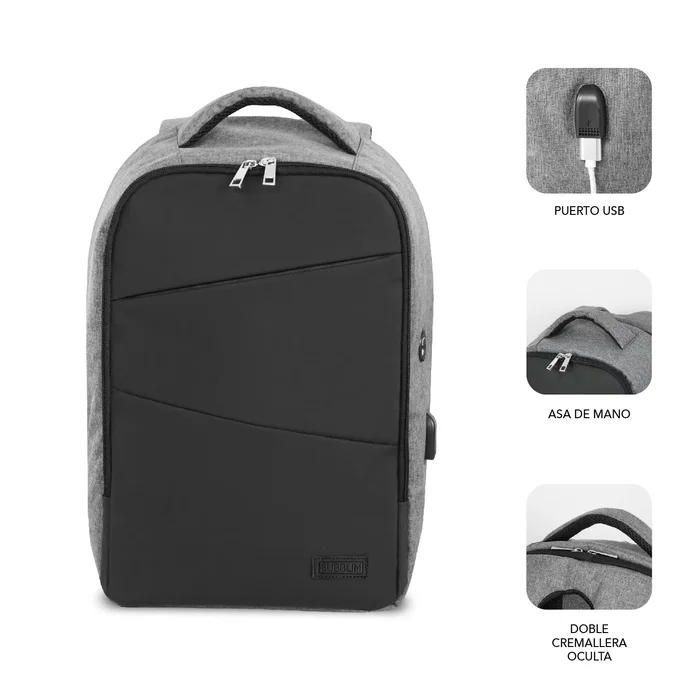 SUBBLIM Mochila Secure V2 AP Antirrobo para Portátil 16" (40.6 cm) Gris, Apertura Trasera, Doble Cremallera, USB, Air Padding, Compartimento Acolchado