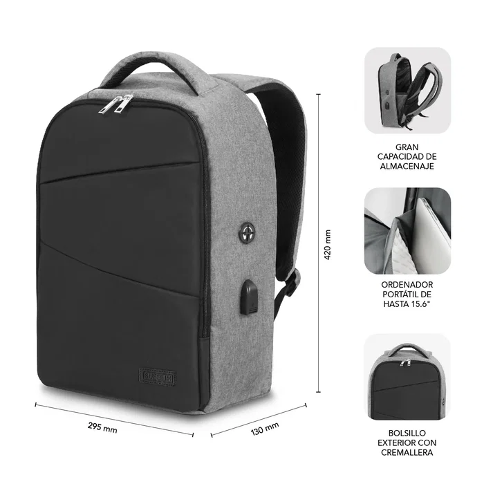 SUBBLIM Mochila Secure V2 AP Antirrobo para Portátil 16" (40.6 cm) Gris, Apertura Trasera, Doble Cremallera, USB, Air Padding, Compartimento Acolchado