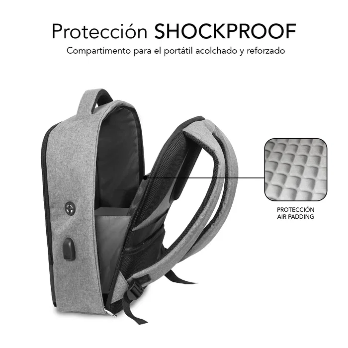 SUBBLIM Mochila Secure V2 AP Antirrobo para Portátil 16" (40.6 cm) Gris, Apertura Trasera, Doble Cremallera, USB, Air Padding, Compartimento Acolchado