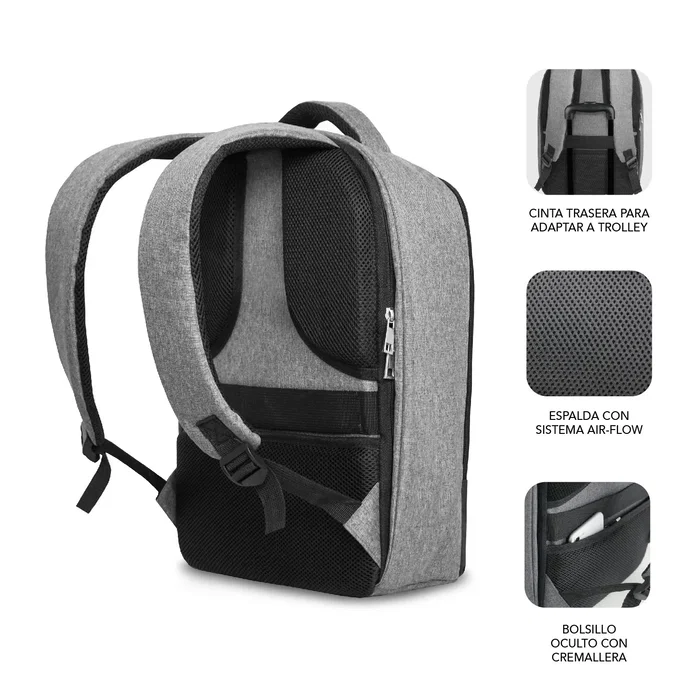 SUBBLIM Mochila Secure V2 AP Antirrobo para Portátil 16" (40.6 cm) Gris, Apertura Trasera, Doble Cremallera, USB, Air Padding, Compartimento Acolchado