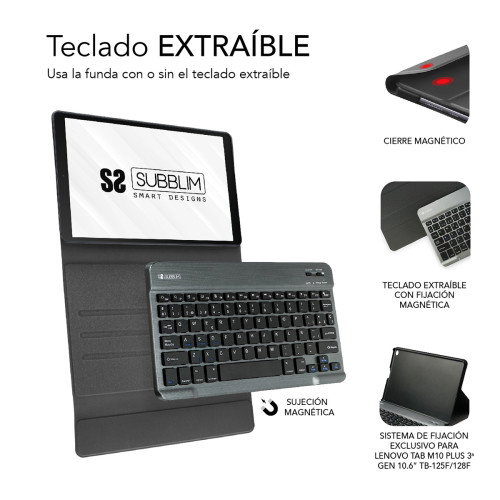 Subblim Funda con Teclado Bluetooth KeyTab Pro Extraíble para Lenovo Tab M10 Plus 3a Gen 10.6” TB-125F/128F - SUBKT3-BTL300, Diseño Ultradelgado