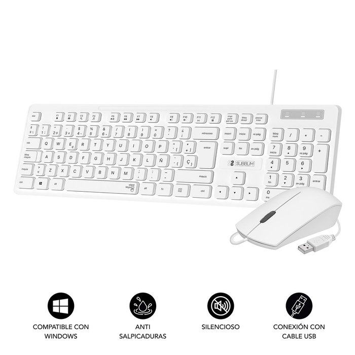 Subblim Combo Business Slim Silencioso Teclado y Ratón Blanco USB