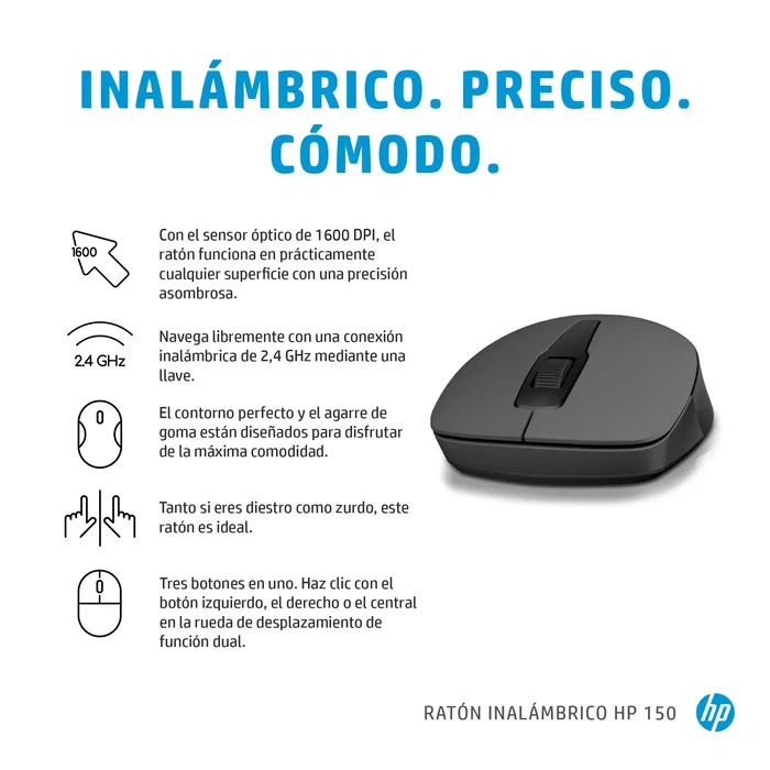HP Ratón 150 2S9L1AAABB Inalámbrico Óptico Ambidiestro 1600 DPI RF 2.4GHz - Negro