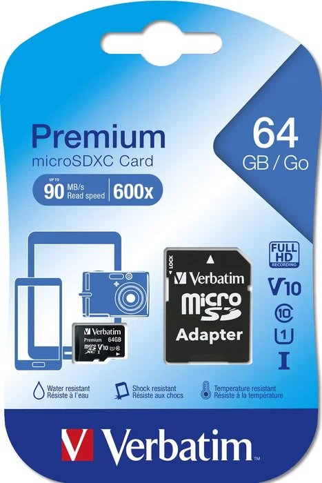 Verbatim Tarjeta de Memoria Premium MicroSDXC 64GB Clase 10 UHS-I U1 V10 Hasta 90 MB/s, Resistente a Agua y Temperatura con Adaptador SD - 44084