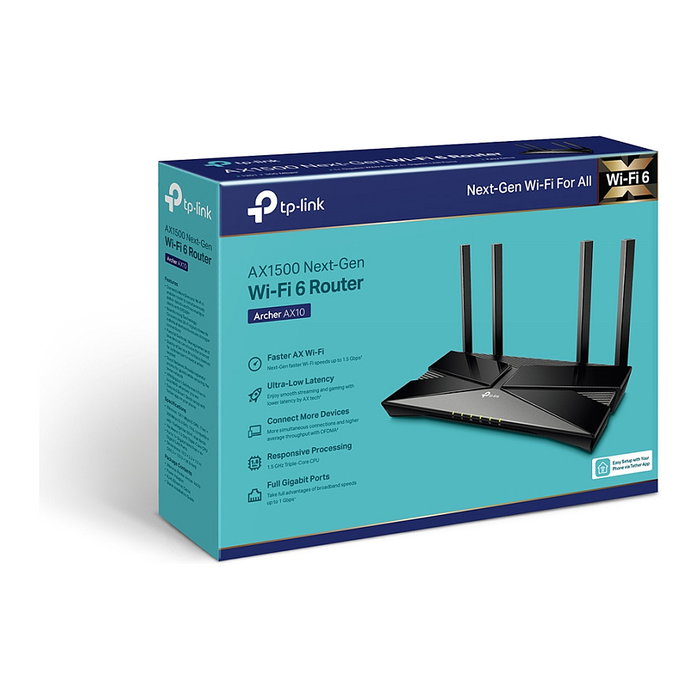 TP-LINK Archer AX10 Router Wi-Fi 6 (802.11ax) Dual-Band 1500 Mbps, Negro, 4 Antenas, Gigabit Ethernet, Sobremesa - Modelo AX1500