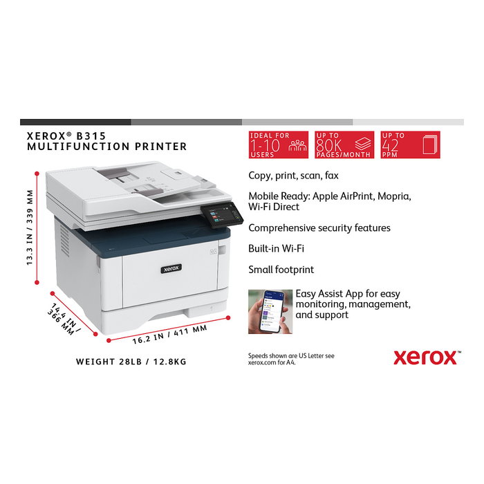 Xerox B315 Impresora Multifunción Láser Monocromo A4 40ppm Dúplex WiFi LAN ADF Fax