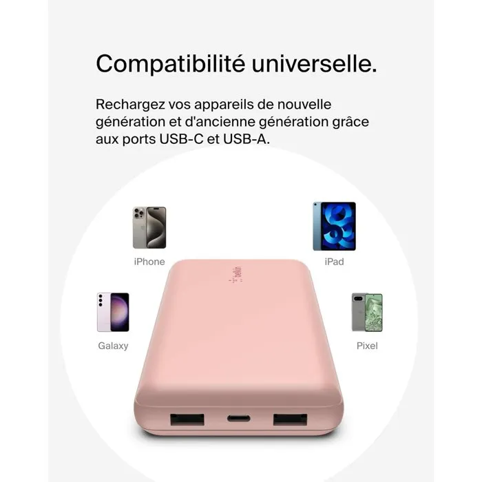 Belkin BEL0745883837717 Batería Externa 20000 mAh, Power Bank con USB-A y USB-C, 15W, Rosa