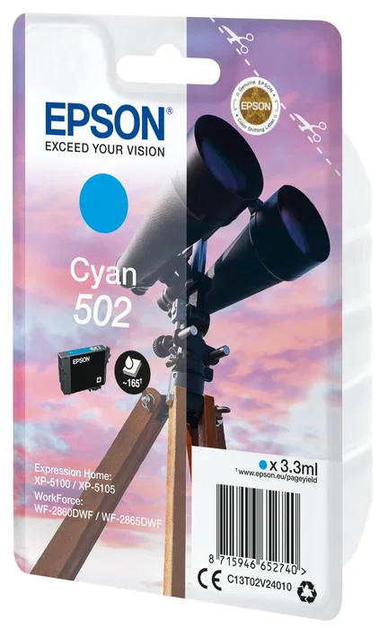 Epson C13T02V24020 Cartucho de Tinta Original 502 - Cian 3.3 ml (Rendimiento Estándar) - Compatible con Expression Home XP-5100, XP-5150, WorkForce - 1 Unidad en Blister