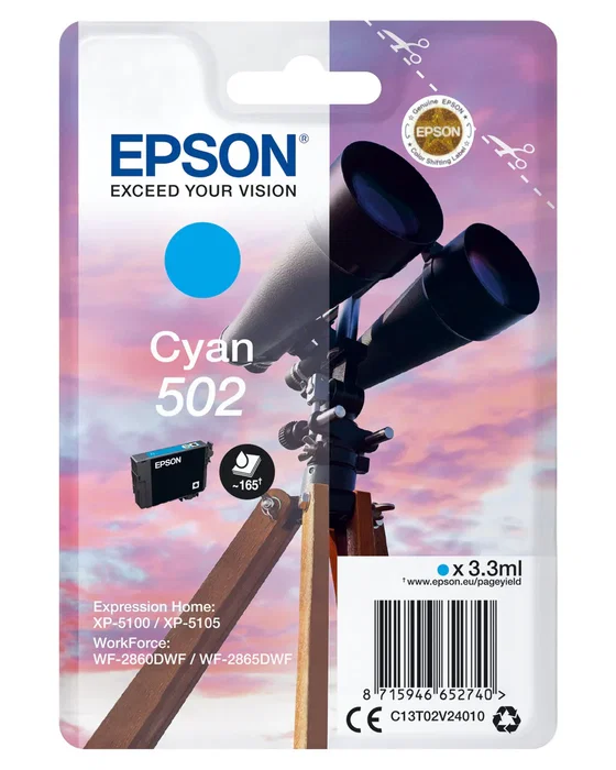 Epson C13T02V24020 Cartucho de Tinta Original 502 - Cian 3.3 ml (Rendimiento Estándar) - Compatible con Expression Home XP-5100, XP-5150, WorkForce - 1 Unidad en Blister