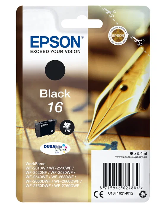 Epson C13T16214022 Cartucho de Tinta Original Negro XL 175 páginas para Workforce WF-2010, 2510, 2520, 2530, 2540, 2630, 2650, 2660, 2750, 2760