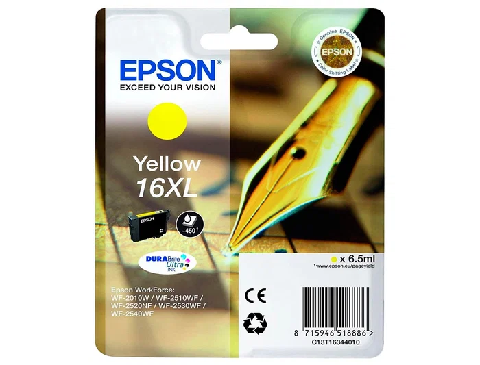 Epson 16XL Tinta Amarilla Original para WF-2010W, WF-2510WF, WF-2520NF, WF-2530WF, WF-2540WF, 450 Páginas