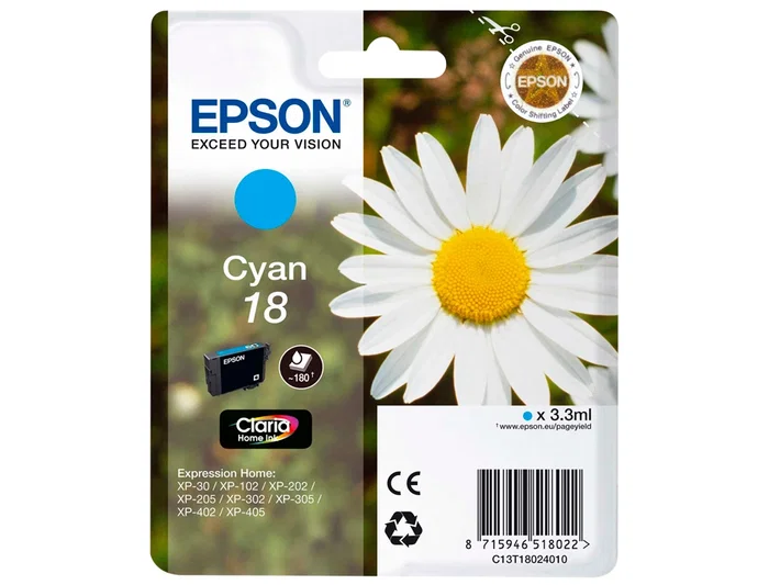 Epson T18 Cyan Ink-jet Tinta Original para Expression Home XP-102, XP-205, XP-305, XP-405 (180 páginas)