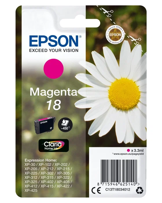 Epson Cartucho Magenta T18 3.3 ml para Expression Home XP-102/205/305/405 Epson Cartucho Magenta T18 3.3 ml para Expression Home XP-102/205/305/405