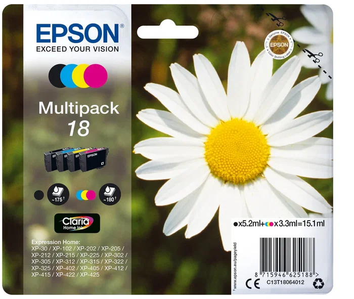 Epson Cartucho de Tinta Original Daisy C13T18064022 - Pack de 4 (1 Negro + 3 Color: Cian, Magenta, Amarillo) XL - Compatible con Expression Home XP-425, XP-422, XP-415 y más