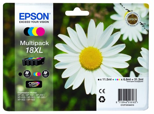 Epson 18XL Multipack de 4 Cartuchos de Tinta para Expression Home XP-102/205/305/405 Epson 18XL Multipack de 4 Cartuchos de Tinta para Expression Home XP-102/205/305/405