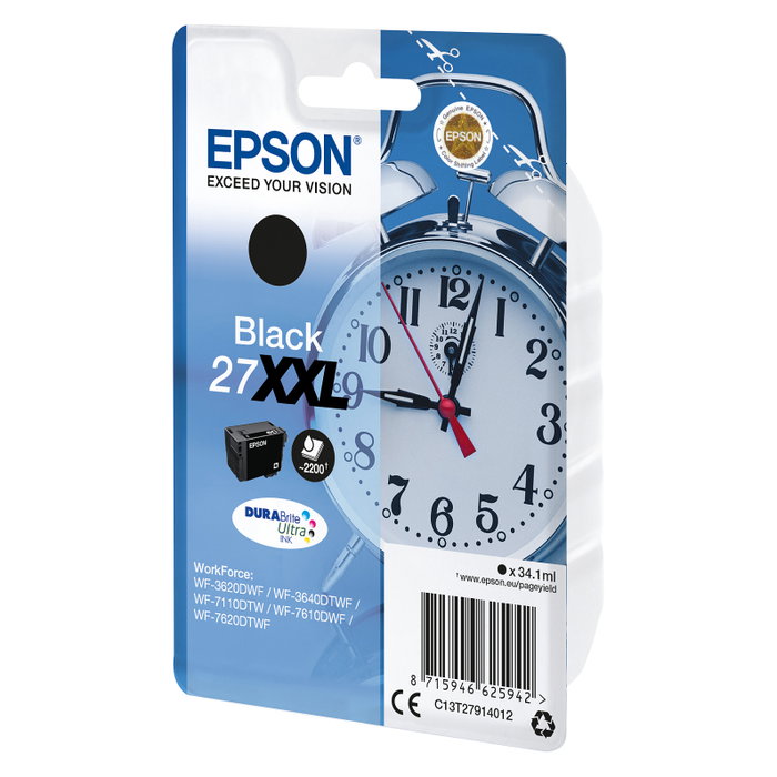Epson 27XXL Tinta Negra Original DURABrite Ultra 34.1ml para WorkForce WF-3640/7110/7610/7620/7710/7715/7720/7210