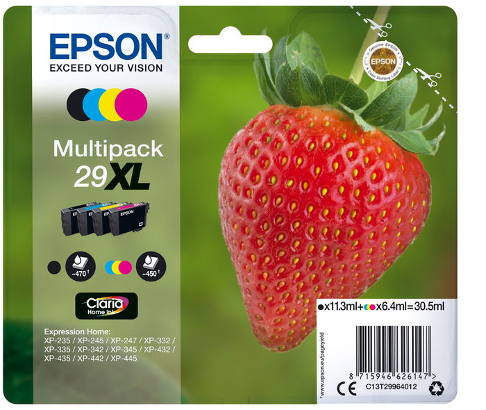 Epson T2996 Cartuchos de Tinta Negro, Amarillo, Cian y Magenta Originales Multipack 4 Colores XL para Impresoras Epson XP-435/330/235 Epson T2996 Cartuchos de Tinta Negro, Amarillo, Cian y Magenta Originales Multipack 4 Colores XL para Impresoras Epson XP-435/330/235