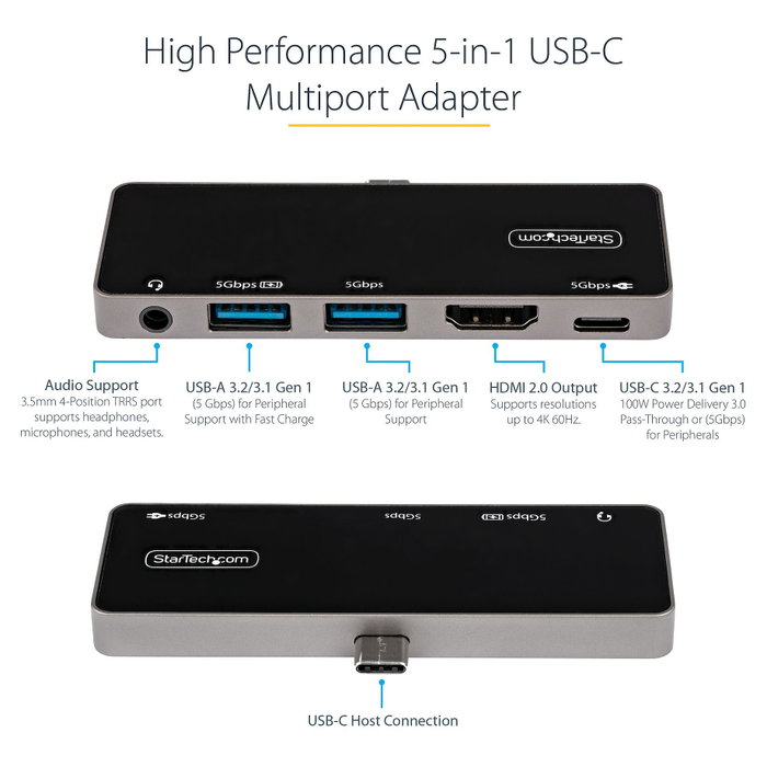 StarTech.com Adaptador Multipuertos USB-C HDMI 4K 60Hz 100W PD Negro, Plata