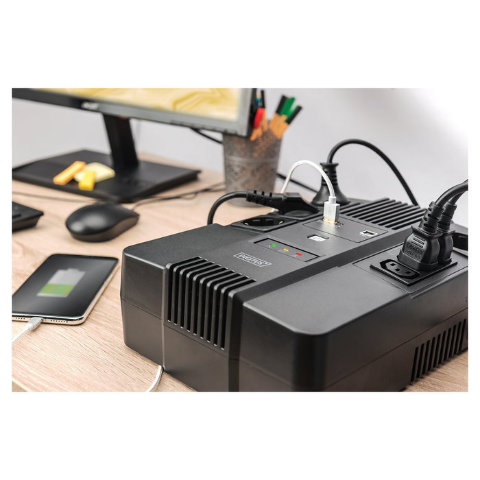Digitus SAI / UPS 800VA 480W Line Interactive 0.8 kVA, 7 Salidas AC, USB, Ethernet, 12V/9Ah, Color Negro