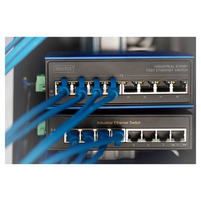 Digitus Switch PoE Industrial 8 Puertos Fast Ethernet 10/100 (30W por Puerto) No Gestionado, Montaje Pared/DIN, -40 a 85°C, Negro/Azul