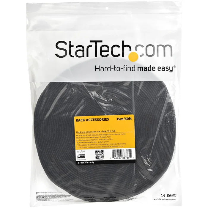 StarTech.com HKLP50 Bobina de Cinta de Gancho y Bucle para Gestión de Cables, 15.2m x 19mm, Negro, Nylon, Autoadherente, Reutilizable, para Rack o Armario de Servidores