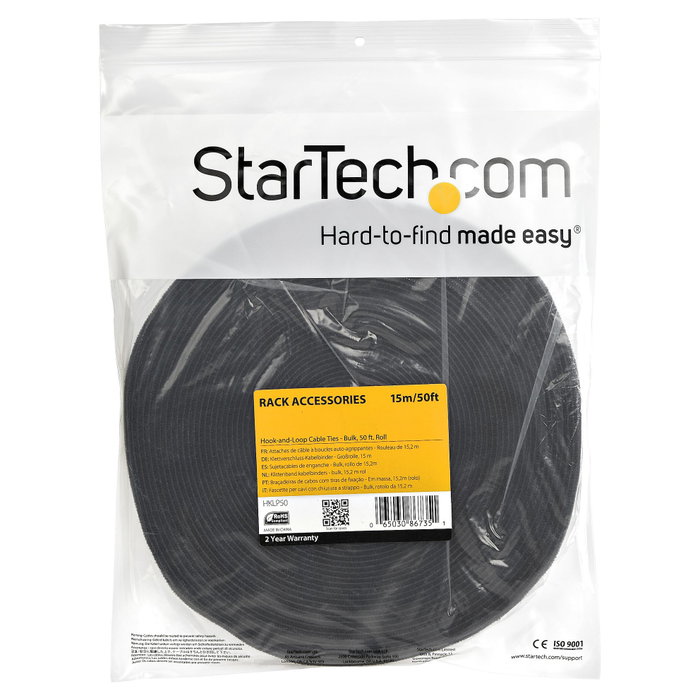 Startech.com Gestionador de Cableado con Gancho y Bucle - Tiras de Gestión de Cables Autoadherentes - Bobina de 15m