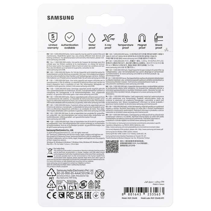 Samsung FIT Plus MUF-256AB 256 GB, USB 3.2 Gen 1 (3.1 Gen 1), 400 MB/s Lectura, Resistente al Agua y Golpes, Gris/Plata
